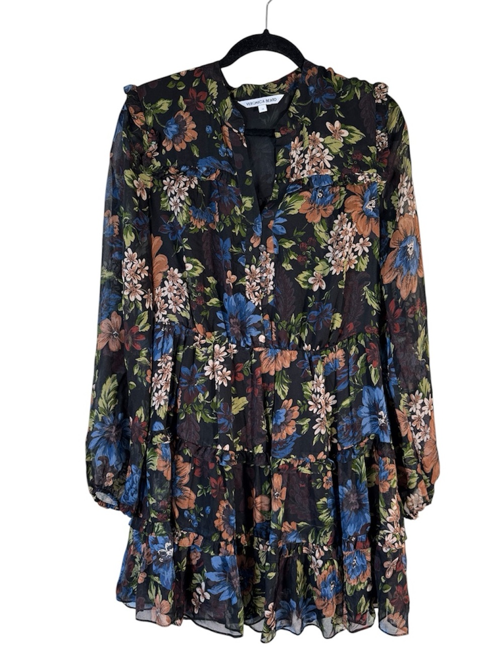 Veronica Beard Black Floral Tiered Mini Dress Womens 12 Boho Luxury Sheer - Picture 2 of 12